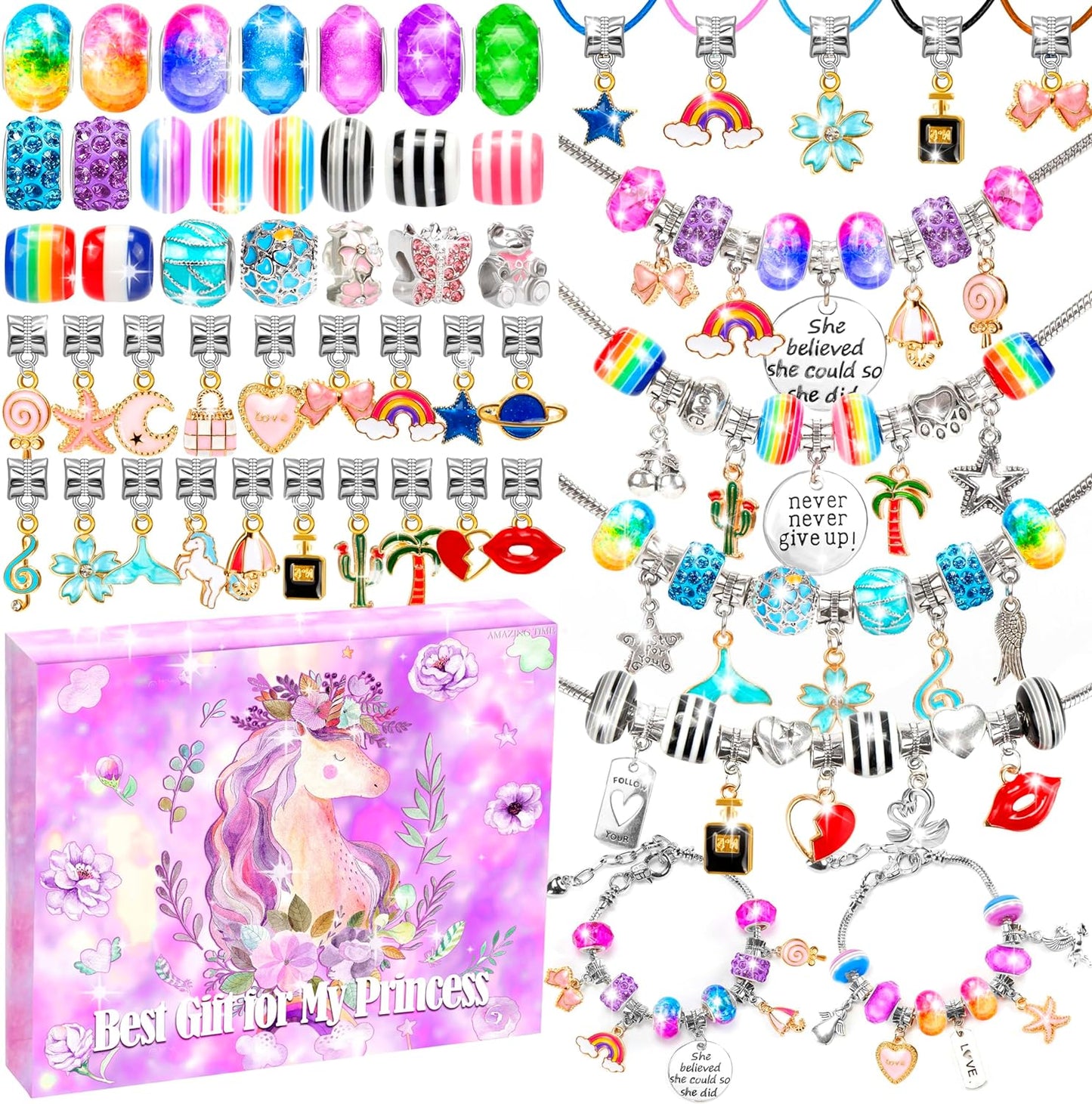 130 Pcs Charm Bracelet Making Kit ,Unicorn Mermaid Toy, Jewelry Beads for Girl Age 8-12, Creativity and Imagination Craft Set for 5 6 7 8 9 10 11 12 Year Old Teenage Birthday, Christmas Stocking Gift