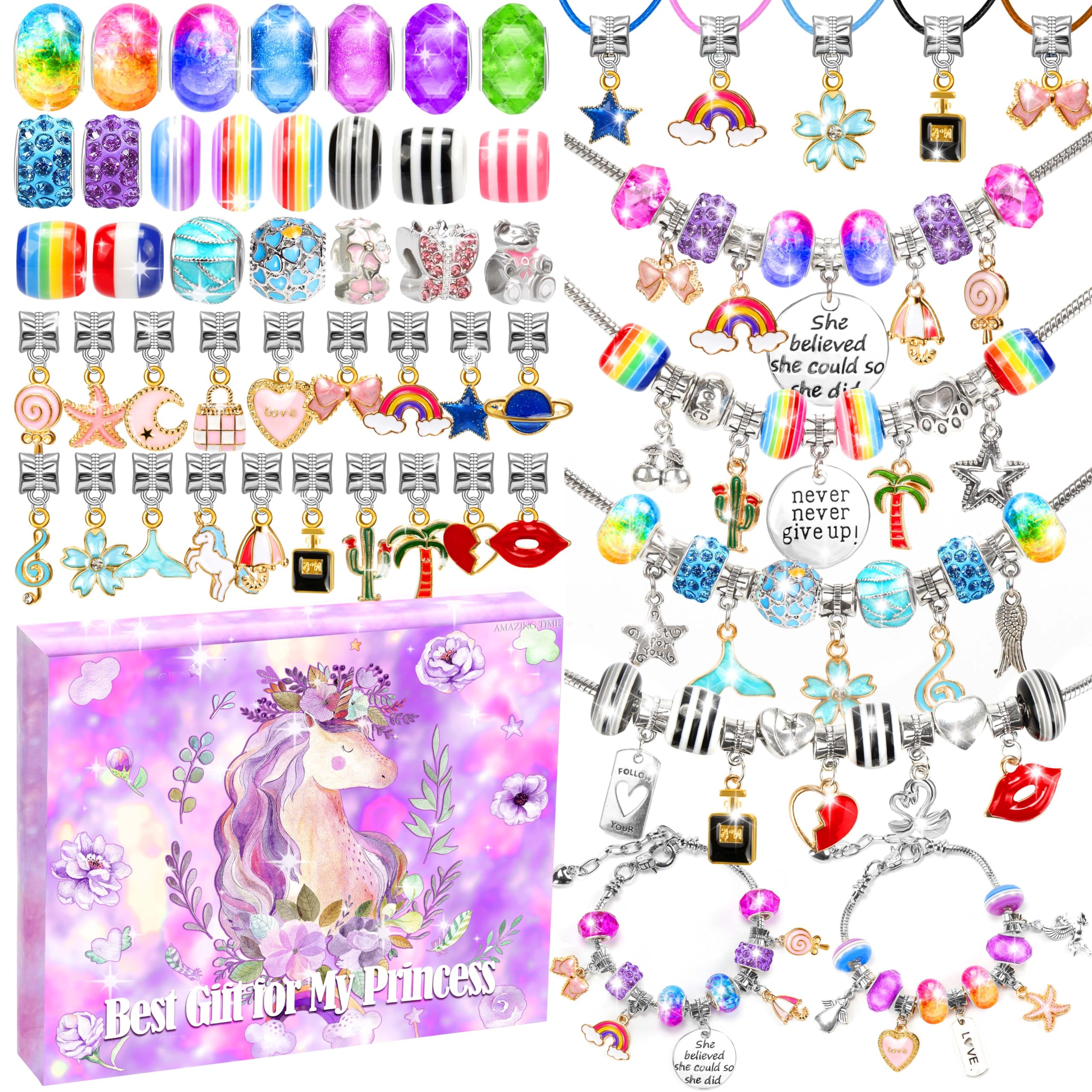 130 Pcs Charm Bracelet Making Kit ,Unicorn Mermaid Toy, Jewelry Beads for Girl Age 8-12, Creativity and Imagination Craft Set for 5 6 7 8 9 10 11 12 Year Old Teenage Birthday, Christmas Stocking Gift