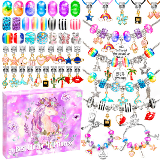 130 Pcs Charm Bracelet Making Kit ,Unicorn Mermaid Toy, Jewelry Beads for Girl Age 8-12, Creativity and Imagination Craft Set for 5 6 7 8 9 10 11 12 Year Old Teenage Birthday, Christmas Stocking Gift