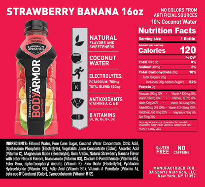 BODYARMOR Sports Drink Sports Beverage, Strawberry Banana, Coconut Water Hydration, Natural Flavors With Vitamins, Potassium-Packed Electrolytes, Perfect For Athletes, 16 Fl Oz (Pack of 12)