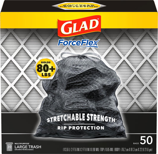 Glad Large Drawstring Trash Bags, ForceFlex 30 Gallon Black Trash Bags, 50 Count