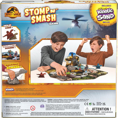 Jurassic World Dominion, Stomp N’ Smash Board Game Sensory Dinosaur Toy with Kinetic Sand Jurassic Park Movie Family Game, for Kids Ages 5 & up