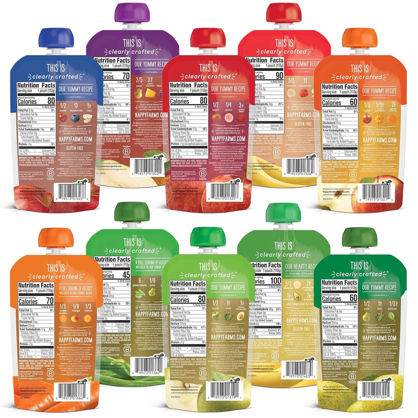 Happy Baby Organics Stage 2 Baby Food Pouches, Gluten Free, Vegan & Healthy Snack, Clearly Crafted Fruit & Veggie Puree, Fruit & Veggie Variety Pack, 4 Ounces (Pack of 10)