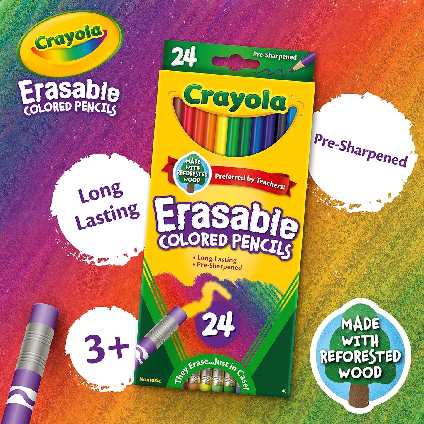 Crayola Erasable Colored Pencils, Kids At Home Activities, 24 Count, Assorted, Long