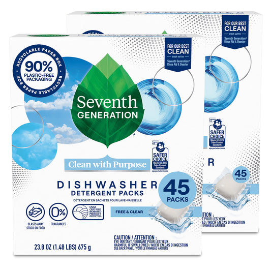 Seventh Generation Dishwasher Detergent Packs for Sparkling Dishes Free & Clear Dishwasher Tabs 45 Count, Pack of 2 (Packaging May Vary)