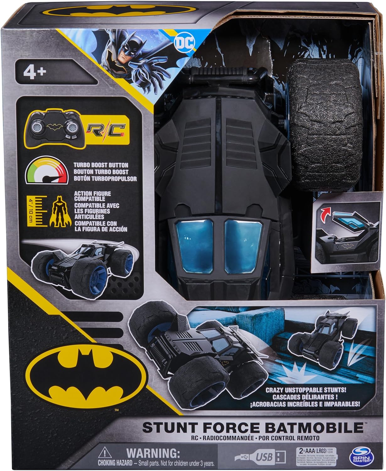 DC Comics, Batman Stunt Force Batmobile, Indoor Remote Control Car, Turbo Boost & Crazy Stunts, Collectible Super Hero Kids Toys for Boys and Girls 4+