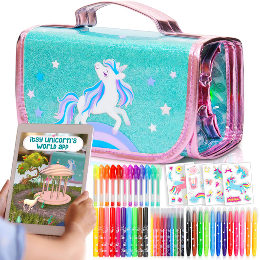 Amitié Lane Silly Scented Markers For Kids w/Augmented Reality App. Arts & Crafts Unicorn Gifts for Girls 6-8. Fun Kids Toys For Girls that includes Unicorn Markers, Stickers and Carrying Case.