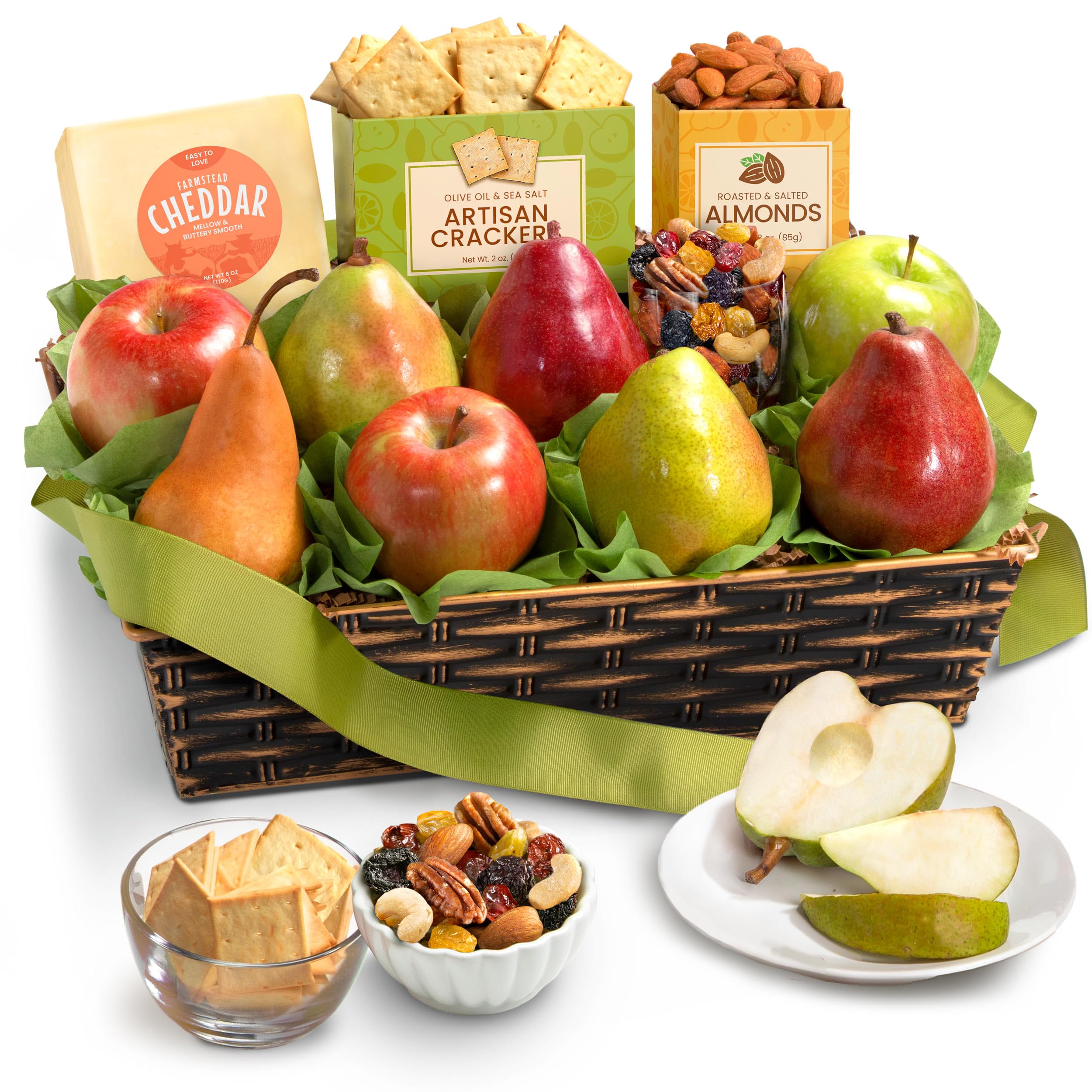 A Gift Inside Classic Fresh Fruit Basket Gift with Crackers, Cheese and Nuts for Christmas, Holiday, Birthday, Corporate