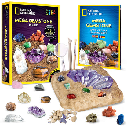 NATIONAL GEOGRAPHIC Mega Gemstone Dig Kit – Dig Up 15 Real Gemstones and Crystals, Science/Mining Kit for Kids, Gift for Girls and Boys, Rock Collection (Amazon Exclusive)