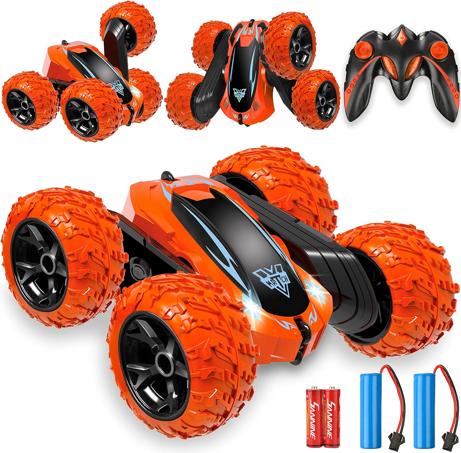 Remote Control Car, 2.4GHz Electric Race Stunt Car, Double Sided 360° Rolling Rotating Rotation, LED Headlights RC 4WD High Speed Off Road Gift for 3 4 5 6 7 8-12 Year Old Boy Toys (Orange)