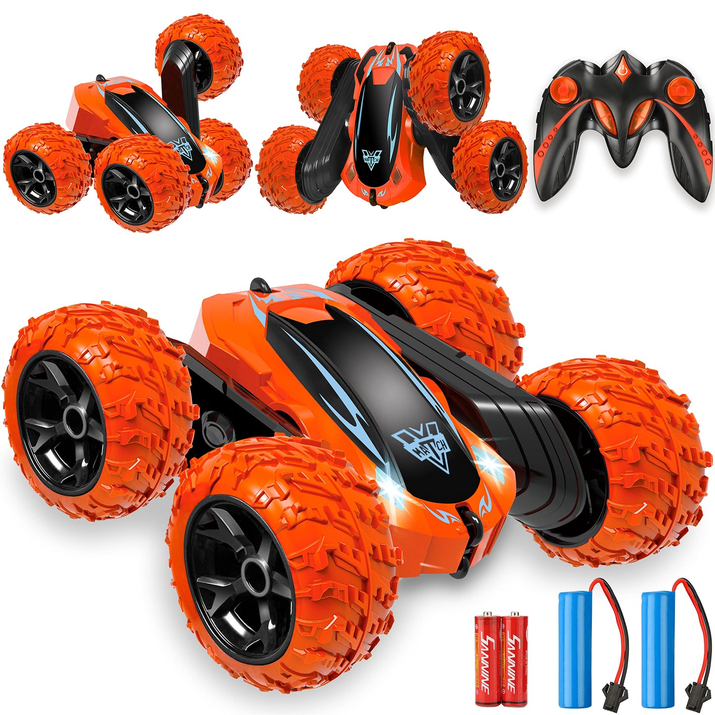 Remote Control Car, 2.4GHz Electric Race Stunt Car, Double Sided 360° Rolling Rotating Rotation, LED Headlights RC 4WD High Speed Off Road Gift for 3 4 5 6 7 8-12 Year Old Boy Toys (Orange)