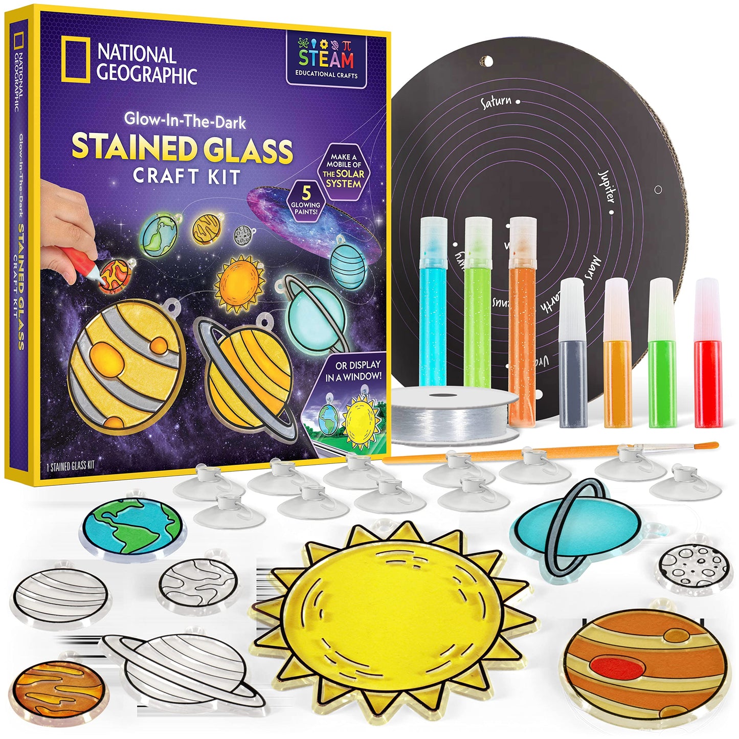 NATIONAL GEOGRAPHIC Kids Window Art Kit - Stained Glass Solar System Arts & Crafts Kit with Glow in The Dark Planets, Use as Window Suncatchers, Hanging Decor from Ceiling, Mobile, Space Room Décor