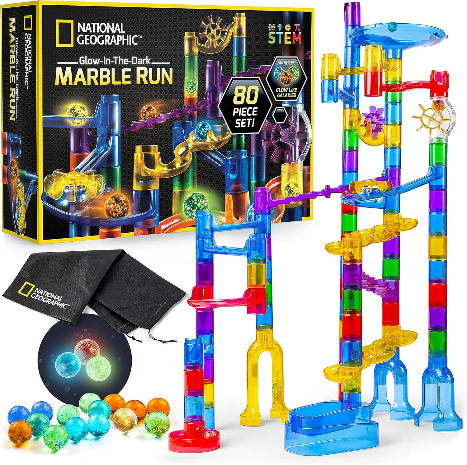 NATIONAL GEOGRAPHIC Glowing Marble Run – Construction Set with 15 Glow in the Dark Glass Marbles & Storage Bag, STEM Gifts for Boys and Girls, Building Project Toy (Amazon Exclusive)