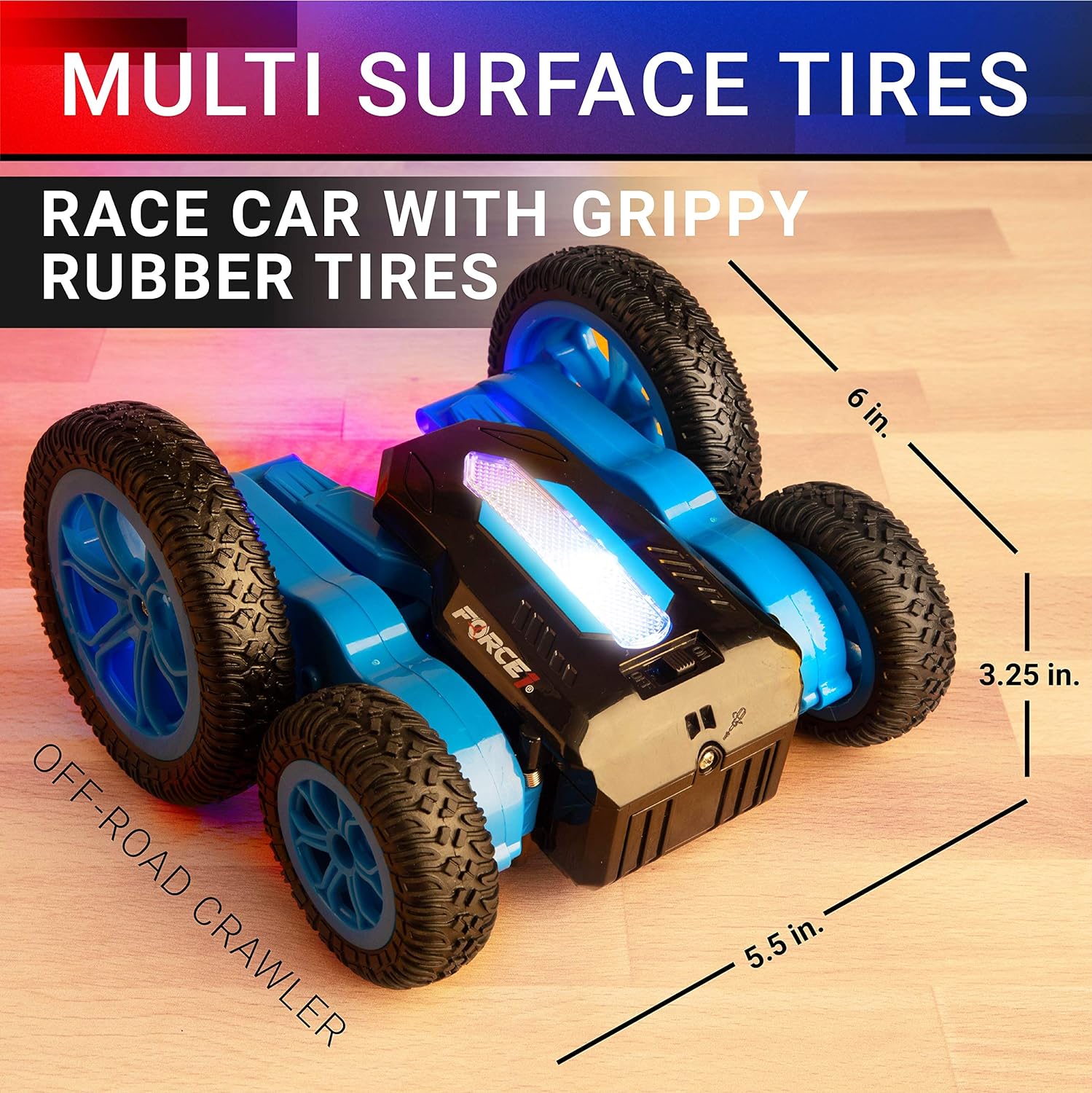 Force1 Tornado LED Remote Control Car for Kids - Double Sided Fast RC Car, 4WD Off-Road Stunt Car with 360 Flips, All Terrain Tires, LEDs, Rechargeable Toy Car Batteries, and Easy Remote