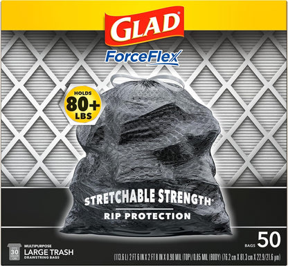 Glad Large Drawstring Trash Bags, ForceFlex 30 Gallon Black Trash Bags, 50 Count