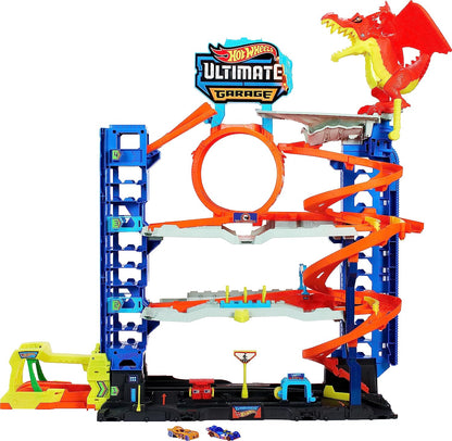 Hot Wheels City Ultimate Garage Playset with 2 Die-Cast Cars, Toy Storage for 50+ 1:64 Scale Cars, 4 Levels of Track Play, Defeat The Dragon