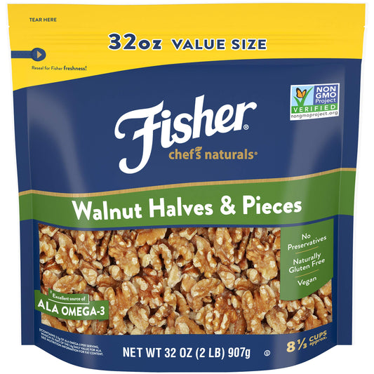 Fisher Chef's Naturals Walnut Halves & Pieces 2 lb, 100% California Unsalted Walnuts for Baking & Cooking, Snack Topping, Great with Yogurt & Cereal, Vegan Protein, Keto Snack, Gluten Free