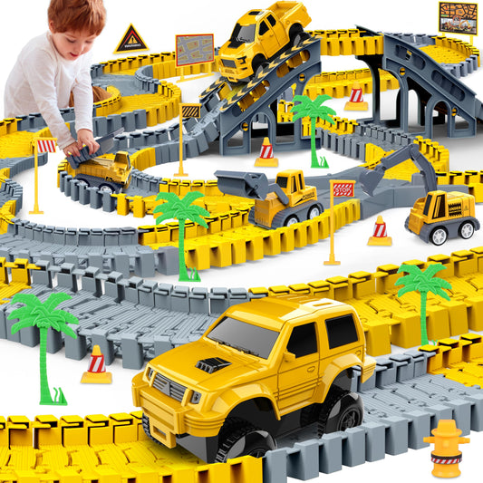 Kids Construction Toys 253 PCS Race Tracks Toy for 3 4 5 6 7 8 Year Old Boys Girls, 5 PCS Truck Car and Flexible Track Play Set Create A Engineering Road Games Toddler Best Gift