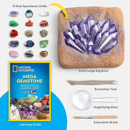 NATIONAL GEOGRAPHIC Mega Gemstone Dig Kit – Dig Up 15 Real Gemstones and Crystals, Science/Mining Kit for Kids, Gift for Girls and Boys, Rock Collection (Amazon Exclusive)