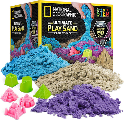 NATIONAL GEOGRAPHIC 6 Lb. Play Sand Combo Pack - 2 Lbs. Each of Blue, Purple and Natural Sand with Castle Molds - A Fun No Mess Sensory Activity, Kids Fake Sand Play Set (Amazon Exclusive)