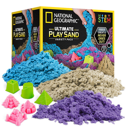 NATIONAL GEOGRAPHIC 6 Lb. Play Sand Combo Pack - 2 Lbs. Each of Blue, Purple and Natural Sand with Castle Molds - A Fun No Mess Sensory Activity, Kids Fake Sand Play Set (Amazon Exclusive)