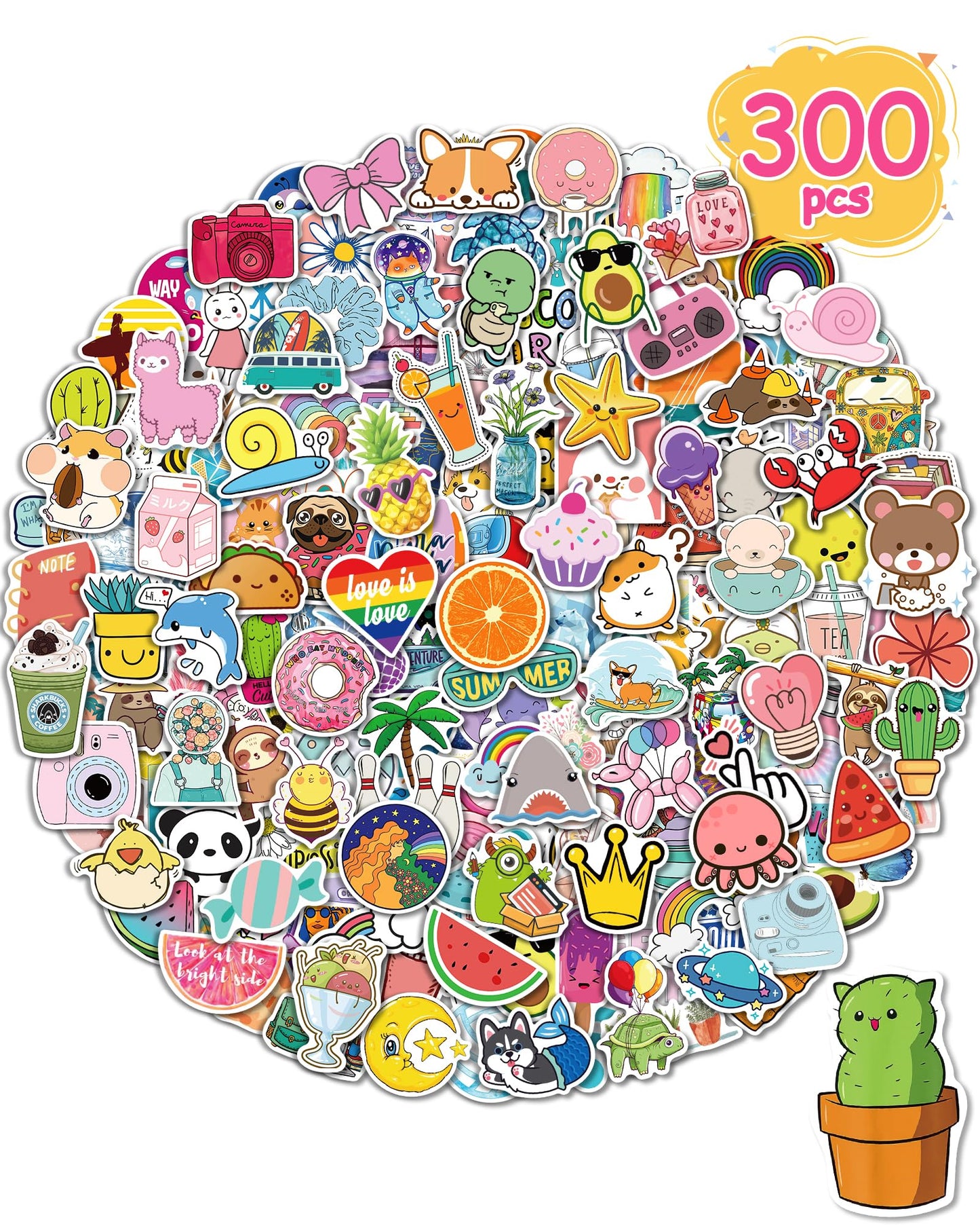 Sticker for Water Bottles, 300 Pcs/Pack Cute Vinyl Waterproof Vsco Laptop Stickers for School Students Classroom Christmas Stocking Stuffers Teachers Prizes Hydroflask Stickers for Kids Teens Girls