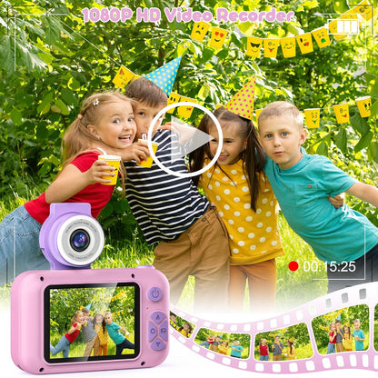 PURULU Kids Camera with 180° Flip-up Lens for Selfie & Video, HD Digital Video Cameras for Toddler with 32GB SD Card, Ideal for 3-8 Years Old Girls Boys on Birthday Christmas Party as Gift