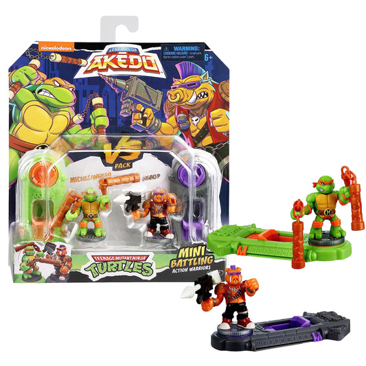 Legends of Akedo Teenage Mutant Ninja Turtles. Mini Battling Warriors Versus Pack Michelangelo Vs Bebop With 2 Figures, 1 Instruction Manual, 2 Trigger Controllers