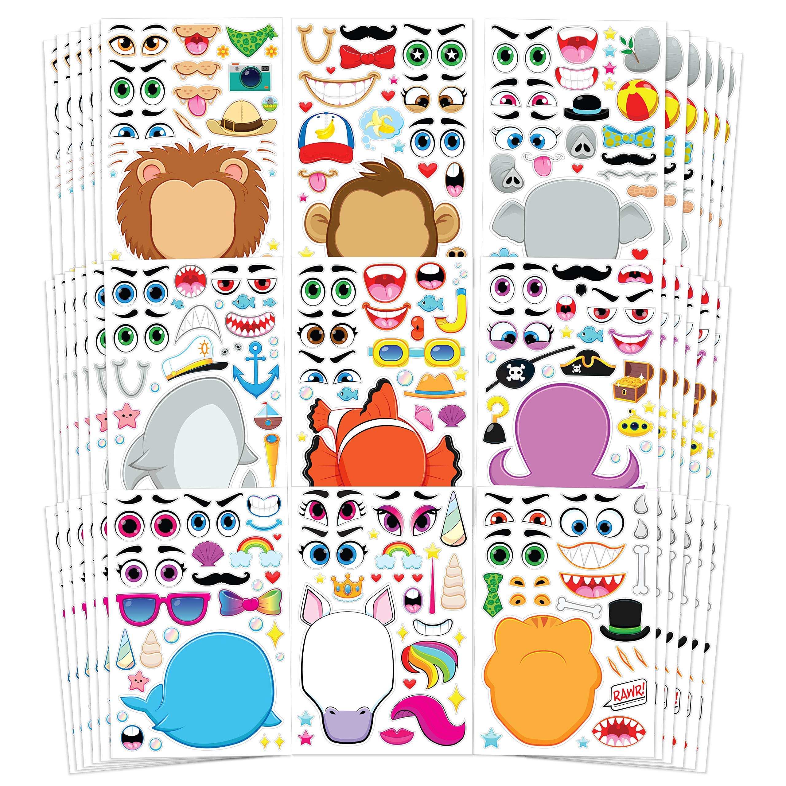 JOYIN 36 PCS 9.8”x6.7" Make-a-face Sticker Sheets Make Your Own Animal Mix and Match Sticker Sheets with Safaris, Sea and Fantasy Animals Kids Party Favor Supplies Craft