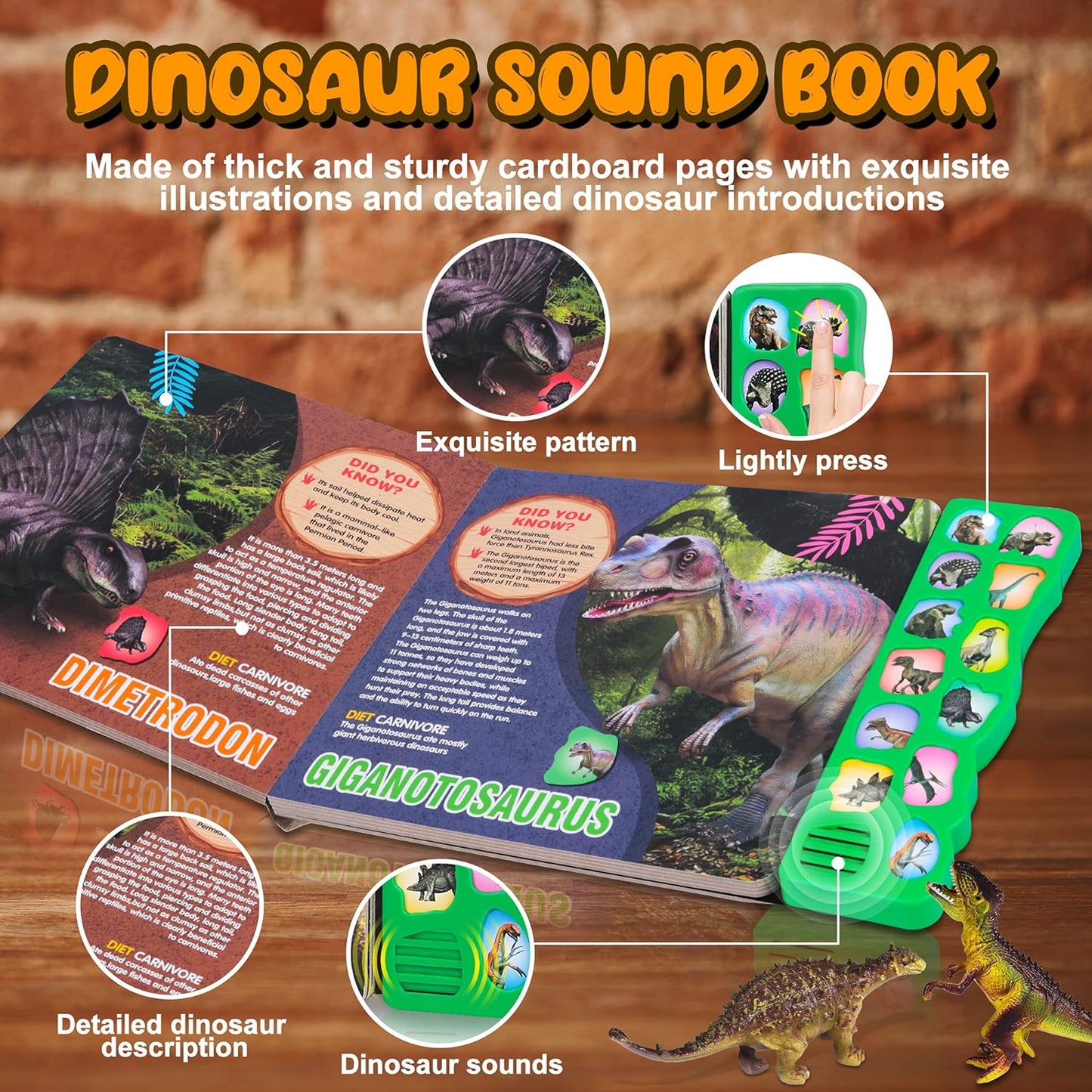 Dinosaur Toys,Dinosaur Sound Book with Pack of 12 Toy Figures,Realistic Roars,Interactive Perfect for Kids Dinosaurs Educational Toys for 3 4 5 6Year Old Boys&Girls