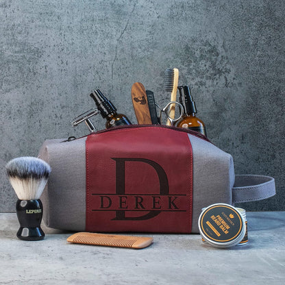 Toiletry Bag for Men Personalized, Laser Engraved Initial & Name on Leather, Custom 4 Canvas Colors - Gift for Husband, Dad, Boy Friend, Handcrafted Travel Bag, Waterproof Shaving Dopp Kit