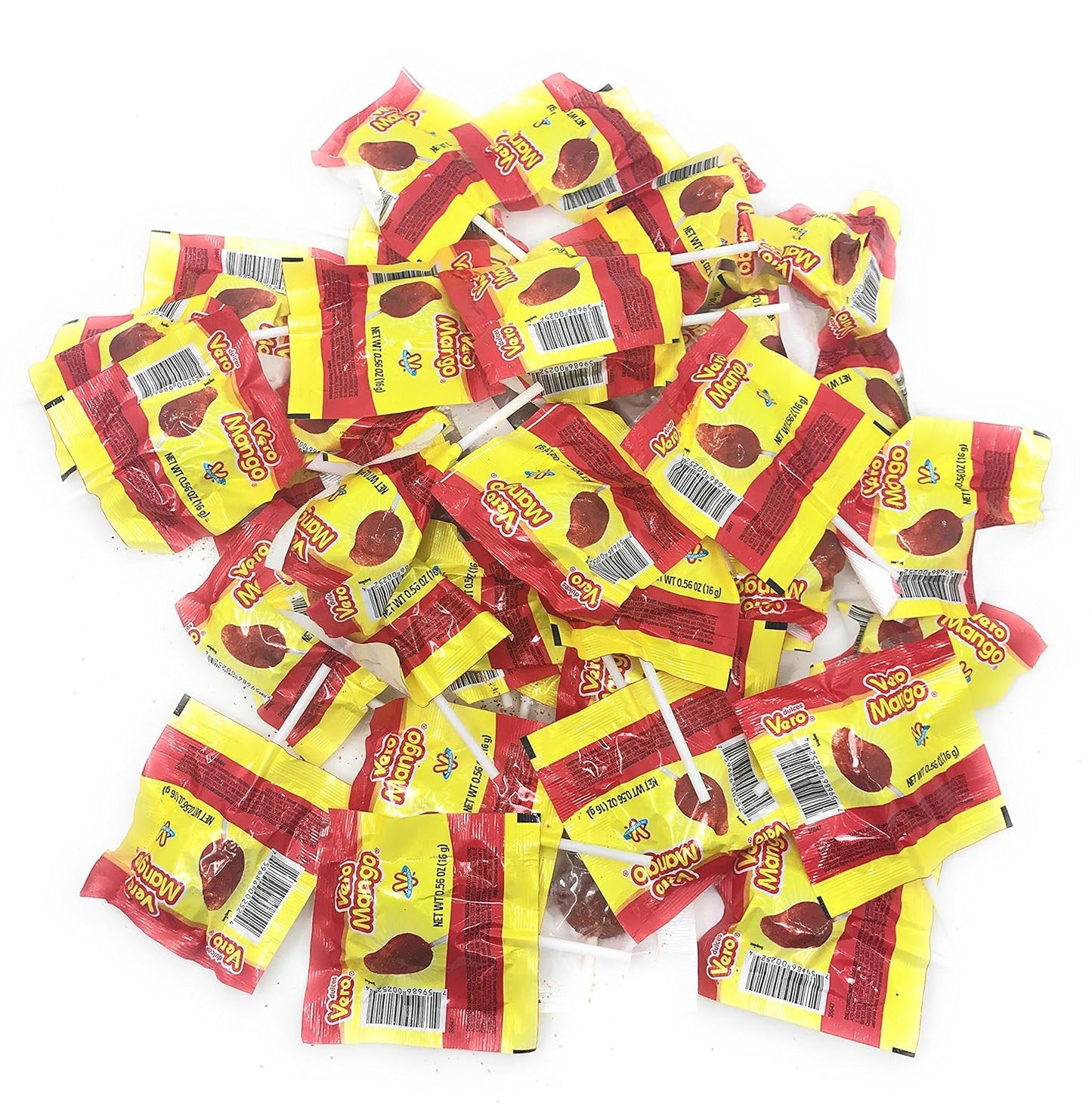 Vero Mango Lollipops Coated with Chili Powder, Hot and Sweet Candy Treat, Artificially Flavored, Net Wt. 1.39 Pound, 40 Count Bag