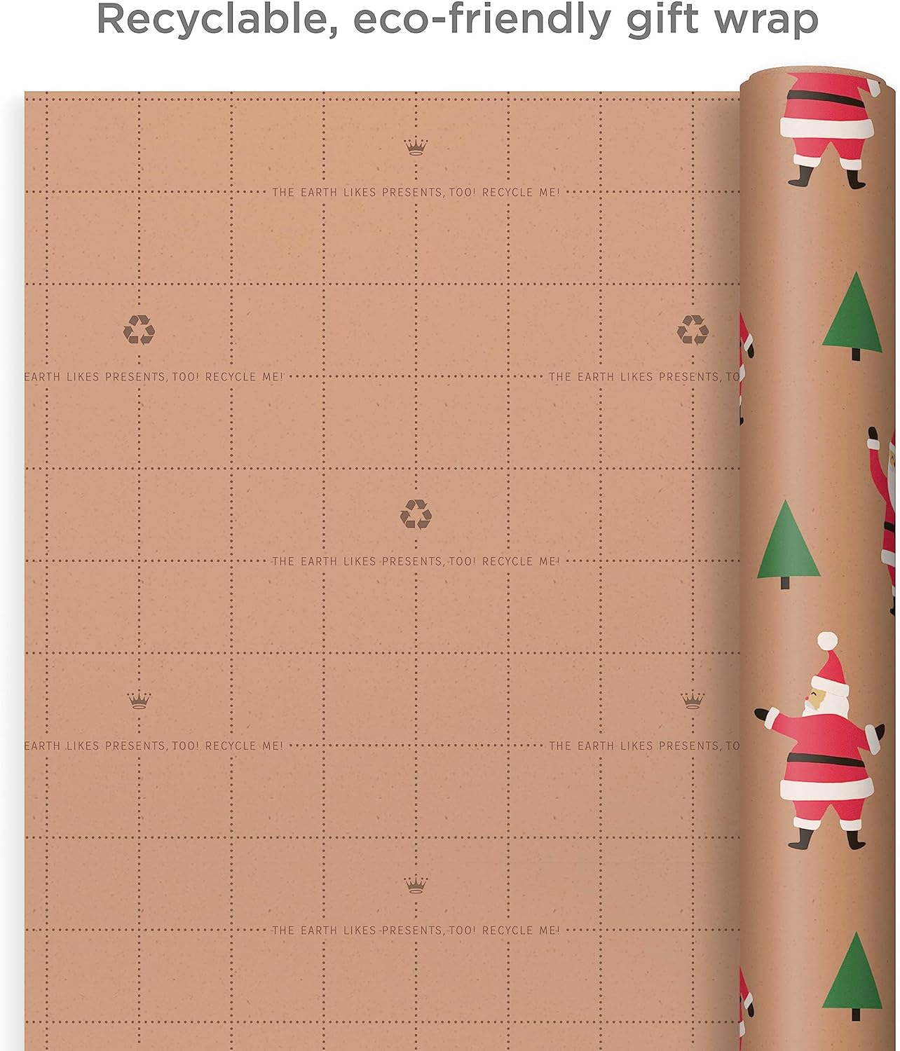 Hallmark Recyclable Christmas Wrapping Paper with Cut Lines on Reverse (3 Rolls: 90 sq. ft. ttl) Kraft Brown with Santas, Green Trees, Red Stripes