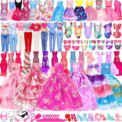 58 Pcs Doll Clothes and Accessories, 5 Wedding Gowns 5 Fashion Dresses 4 Slip Dresses 3 Tops 3 Pants 3 Bikini Swimsuits 20 Shoes for 11.5 inch Doll Christmas Stocking Stuffers Girls Gift Age 5-7 8-10