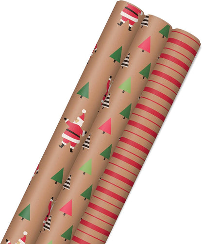 Hallmark Recyclable Christmas Wrapping Paper with Cut Lines on Reverse (3 Rolls: 90 sq. ft. ttl) Kraft Brown with Santas, Green Trees, Red Stripes