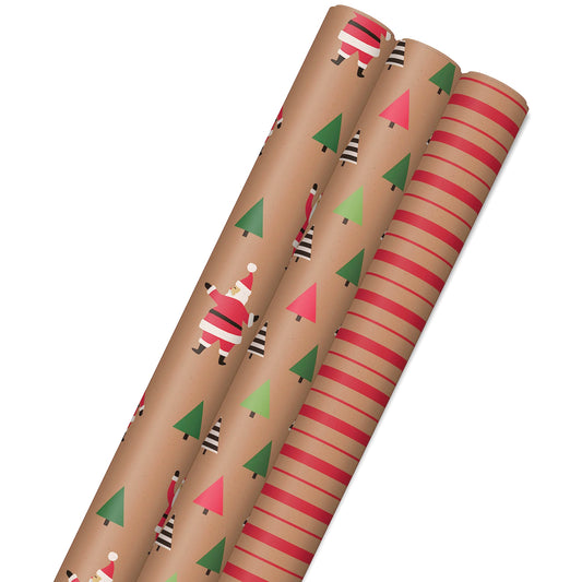 Hallmark Recyclable Christmas Wrapping Paper with Cut Lines on Reverse (3 Rolls: 90 sq. ft. ttl) Kraft Brown with Santas, Green Trees, Red Stripes